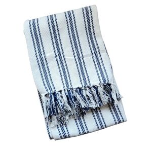 Striped Fringe Throw Blanket - Navy Blue & Cream